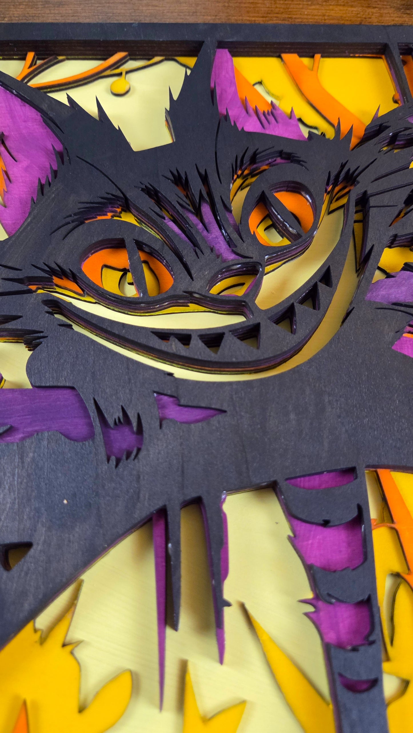 Cheshire Cat Wall Art – Layered, Hand-Painted Wood Art