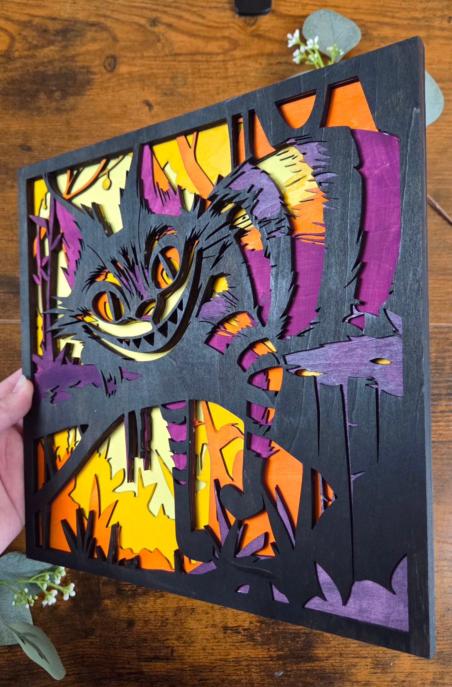 Cheshire Cat Wall Art – Layered, Hand-Painted Wood Art