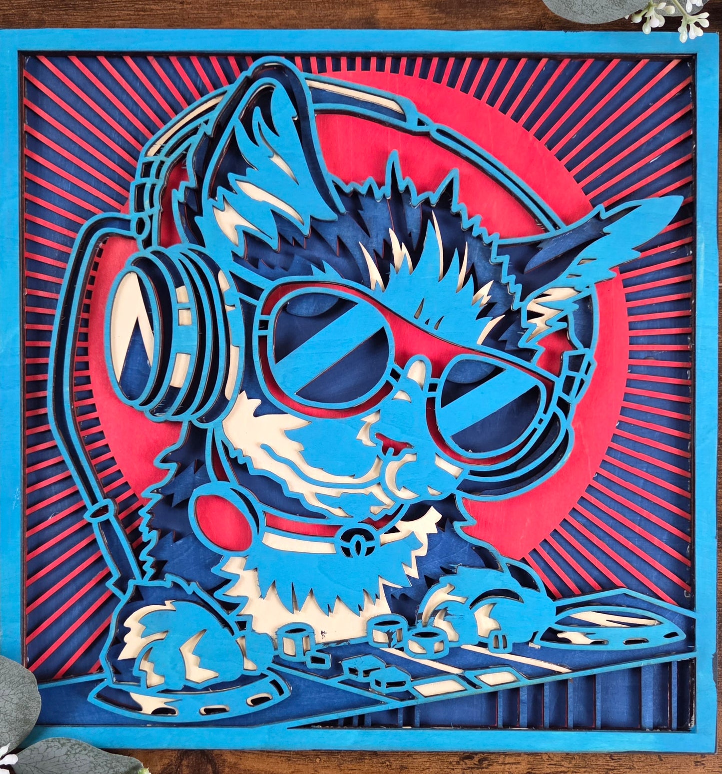 DJ Cat Wall Art – Layered, Hand-Painted Wood Art