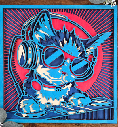 DJ Cat Wall Art – Layered, Hand-Painted Wood Art