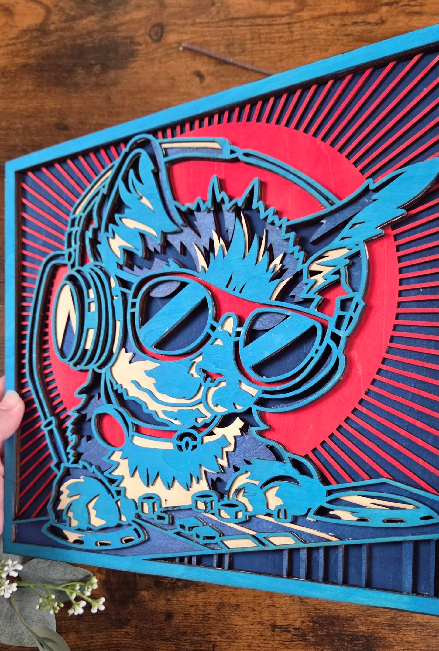 DJ Cat Wall Art – Layered, Hand-Painted Wood Art