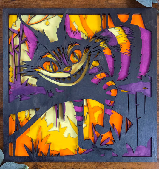 Cheshire Cat Wall Art – Layered, Hand-Painted Wood Art