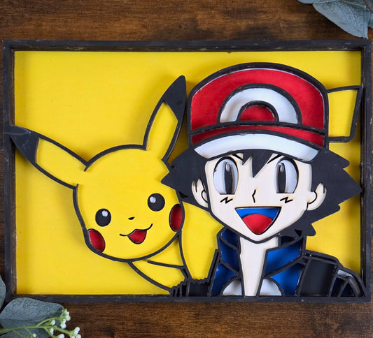 Ash and Pikachu Wall Art – Layered, Hand-Painted Wood Art